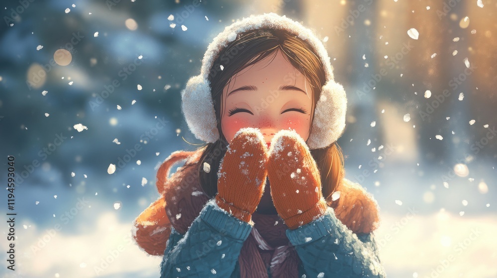 A cartoon girl wearing mittens and earmuffs, blowing warm air into her hands in the snow. A cartoon girl wearing mittens and earmuffs, blowing warm air into her hands in the snow.