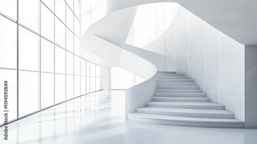 Obraz premium Modern white spiral staircase, bright office