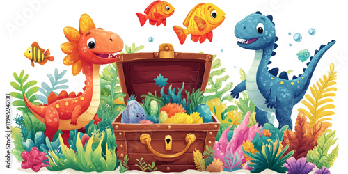 cute cartoon dinosaur Treasure chest filled with colorful fish and sea plants on a white background