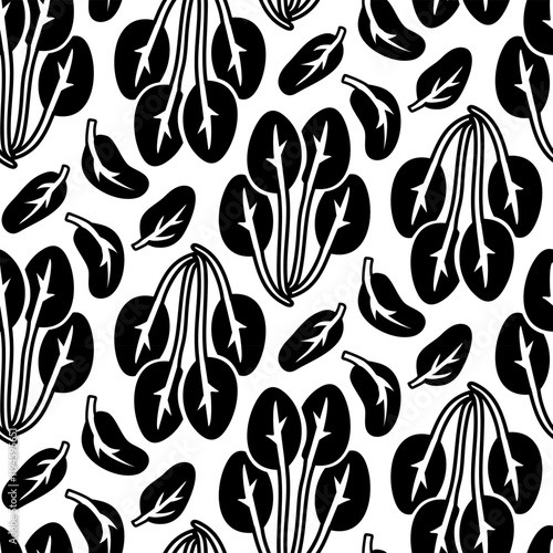 spinach pattern. Texture of leaves and bunches. Culinary seasonings and spices, hand-drawn. Seamless with details. Black silhouette on a white. Vector illustration. Seasonings, spices, food additives