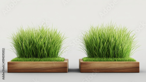Fototapeta Naklejka Na Ścianę i Meble -  Set of 3D grass trophies on wooden base isolated on transparent background. Vector realistic illustration of square and rectangular acrylic award mockups, front and side view, restaurant menu design