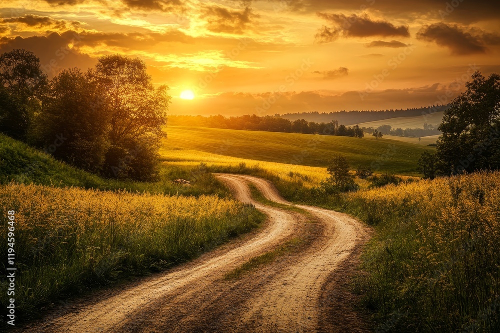 Winding dirt road through idyllic countryside at sunset.