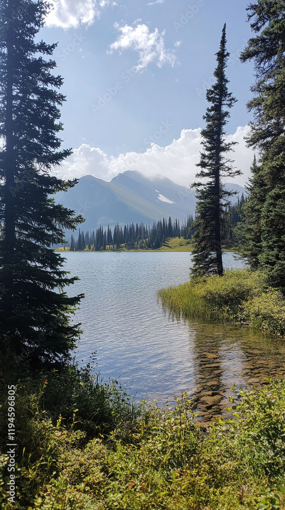 A serene lake surrounded by towering pines and misty mountains. A serene lake surrounded by towering pines and misty mountains.