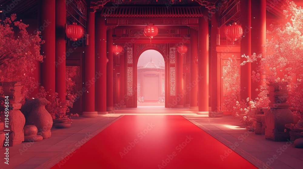 Red oriental palace entrance with red carpet, lanterns and cherry trees in bloom