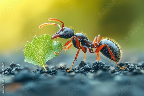 Ant Carrying a Leaf Home Macro Close up with Stunning Detail and Bokeh Effect photo