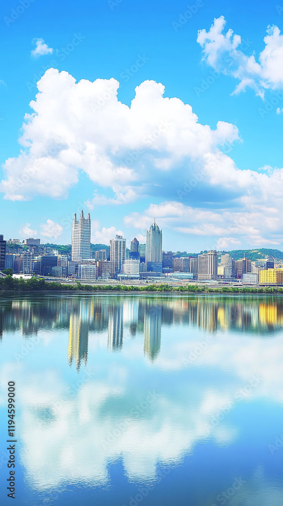 A vibrant city skyline reflected in the calm waters of a nearby river. A vibrant city skyline reflected in the calm waters of a nearby river.