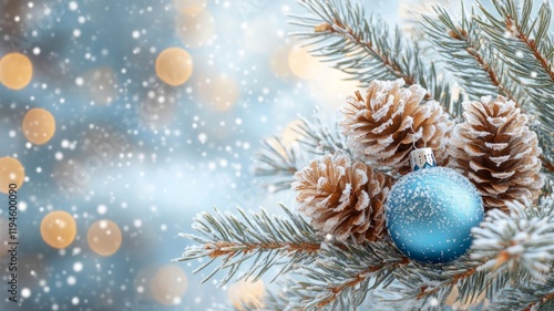 Wallpaper Mural Frosted Pine Branches with Blue Ornament and Snow Torontodigital.ca