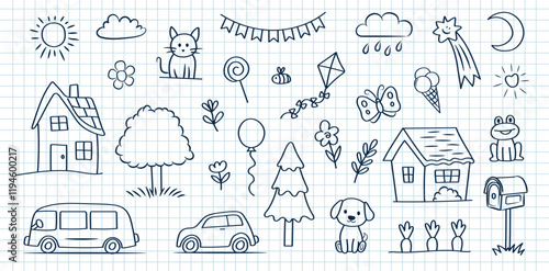 Cute doodle set of naive children's drawings. House, tree, cat, dog, etc. on the background of a notebook sheet. Vector background.
