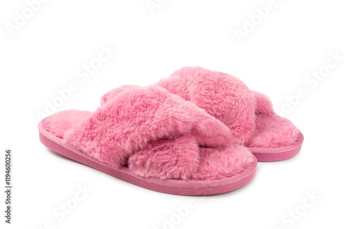 Soft slippers isolated on white background. Home slippers. Comfortable shoes for home. Foot care concept. Home comfort. Space for text. Copy space.