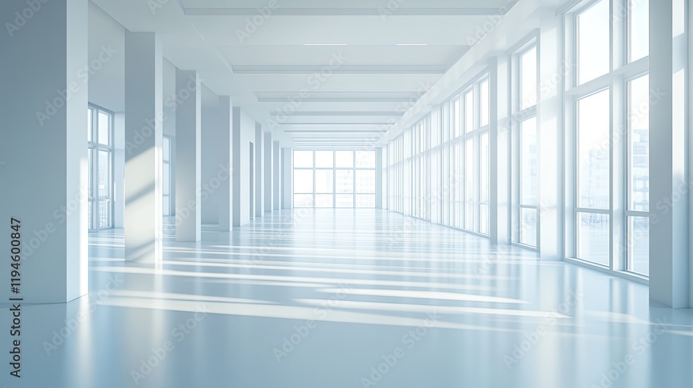 Sunlit modern office hallway, city view (1) Sunlit modern office hallway, city view (1)