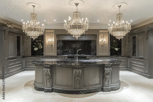Luxurious kitchen with large island, dark cabinetry, and crystal chandeliers.