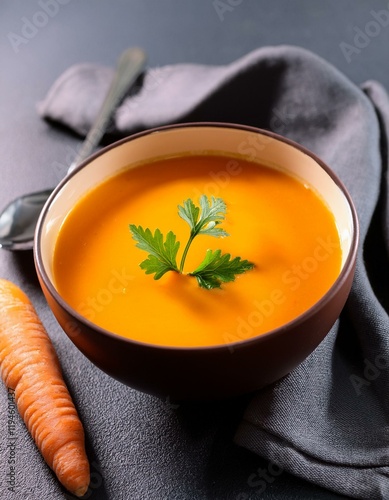 Bowl with hot carrots cream sopu with green parsley leaves on table with fresh carrots. Generated image photo