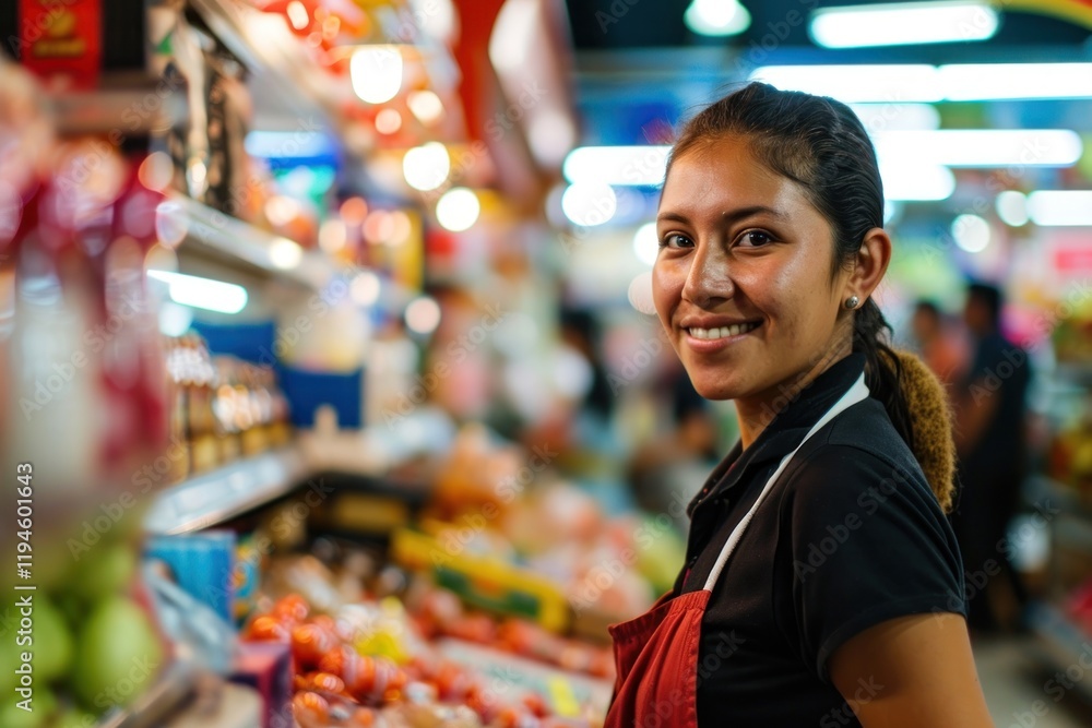 Fototapeta premium Smiling latino cashier in supermarket adult consumerism greengrocer.