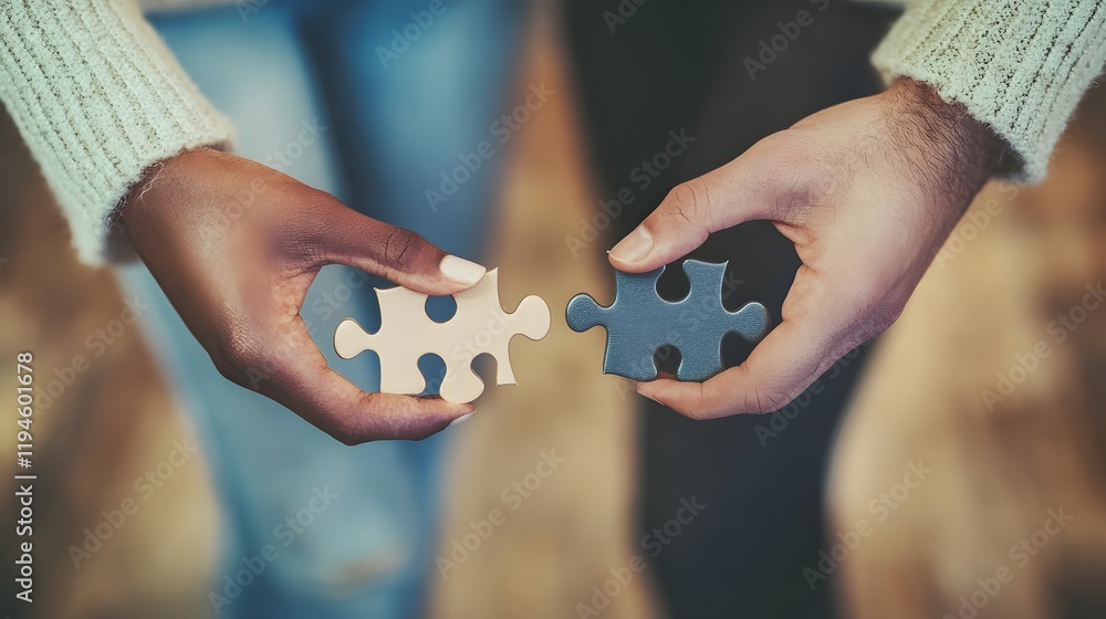 Two hands connecting puzzle pieces together signifying unity Two hands connecting puzzle pieces together signifying unity