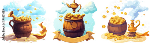 A golden magic lamp attached to an old wooden barrel. full of coins white background ribbon label