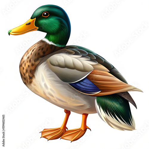 Detailed vector illustration of a mallard duck with vibrant plumage on white background. Perfect for educational or wildlife design content.