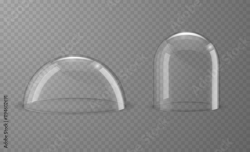 Glass domes of different spherical shapes and sizes in realistic 3d style. Exhibition showcase or laboratory instrument, dust cover. Vector illustration.