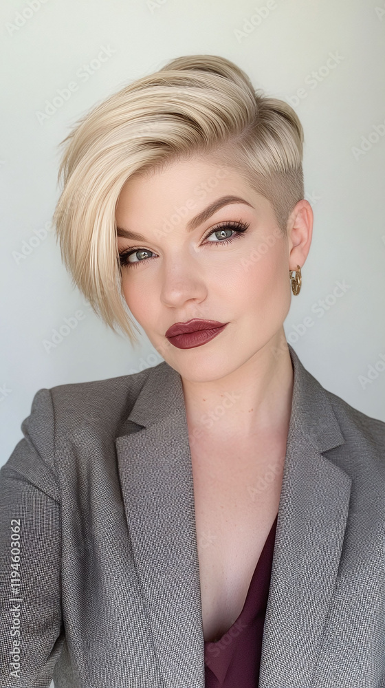 Close-up of a blonde Caucasian woman with a pixie cut subtle makeup and a gray blazer on a white background. Close-up of a blonde Caucasian woman with a pixie cut subtle makeup and a gray blazer on a white background.