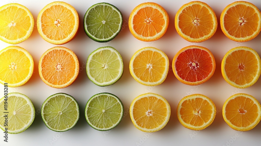 Fototapeta premium A vibrant array of freshly cut citrus fruits showcases an inviting palette in a uniform layout. Each fruit reveals its juicy interior, inviting taste and sunshine
