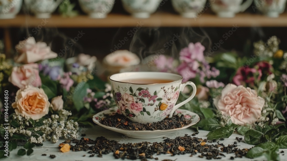 Elegant Floral Tea Cup Set with Loose Tea and Fresh Flowers, Perfect for a Relaxing Afternoon or Gift