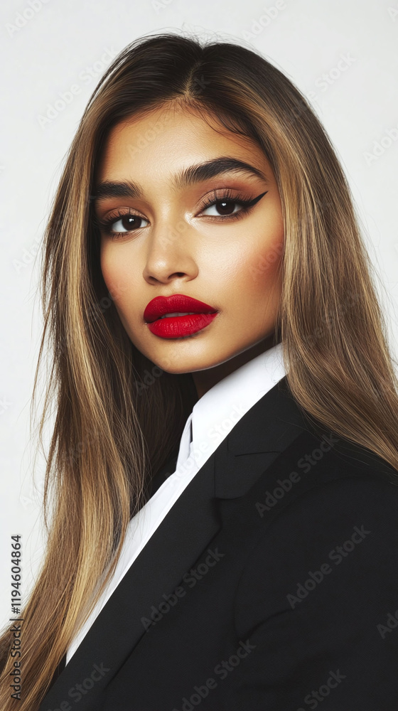 Close-up of a South Asian woman with long straight hair a bold lip color and a formal suit on a white background. Close-up of a South Asian woman with long straight hair a bold lip color and a formal suit on a white background.
