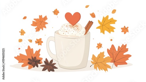 Autumnal latte in mug, leaves, cinnamon, and spices.  Possible use social media, fall marketing photo