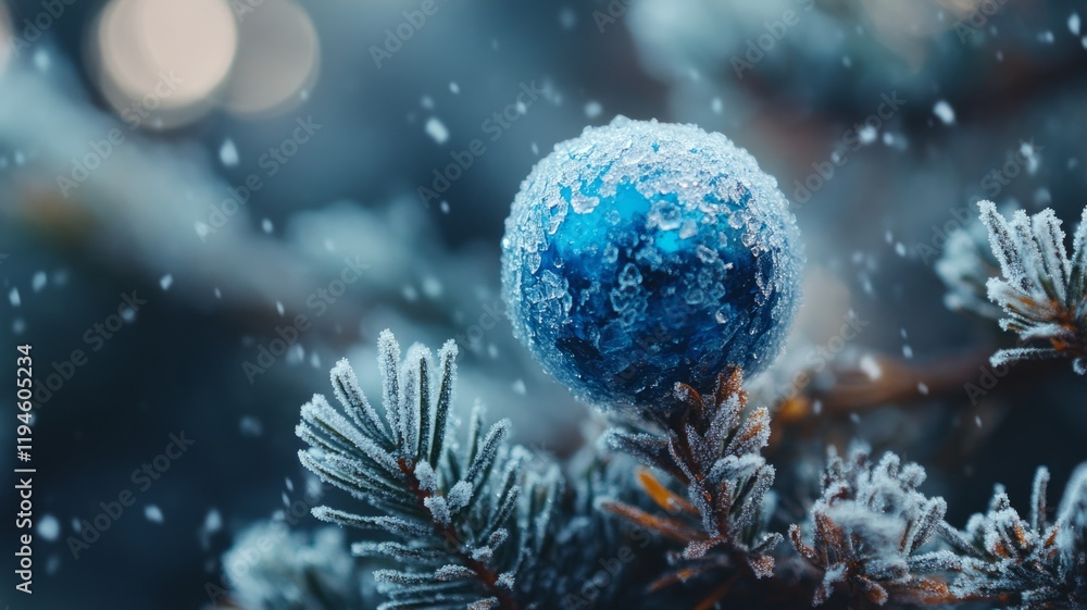 Fototapeta premium Frosted Blue Christmas Ornament on Snowy Branch