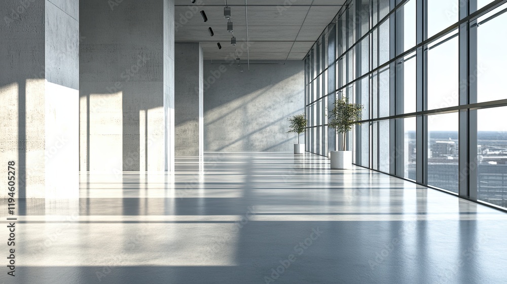 Sunlit modern office corridor, city view Sunlit modern office corridor, city view