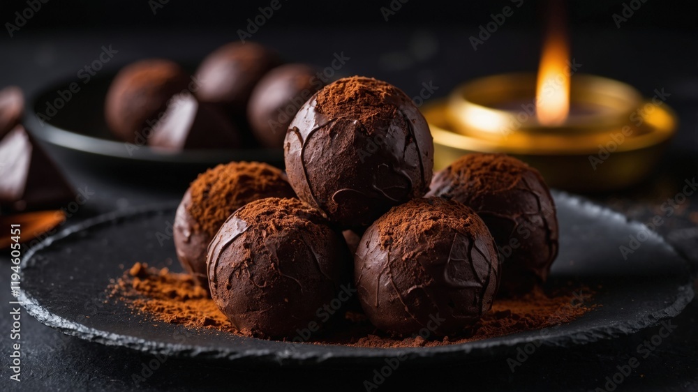 Rich Chocolate Truffles on a Dark Plate with Cocoa Dusting Rich Chocolate Truffles on a Dark Plate with Cocoa Dusting