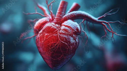 Realistic depiction of a human heart with detailed anatomy against a blurred background, illustrating circulation