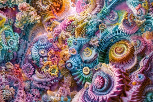 A colorful, abstract painting of a sea of flowers and spirals