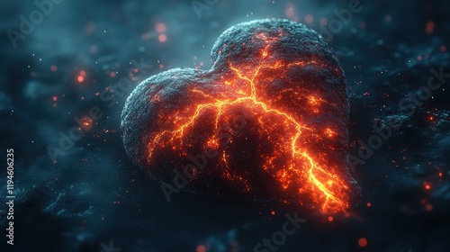 A glowing, cracked heart made of molten lava, set against a dark, smoky background with embers