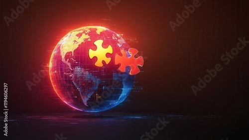 A glowing puzzle piece merging into a digital globe, futuristic global collaboration concept photo