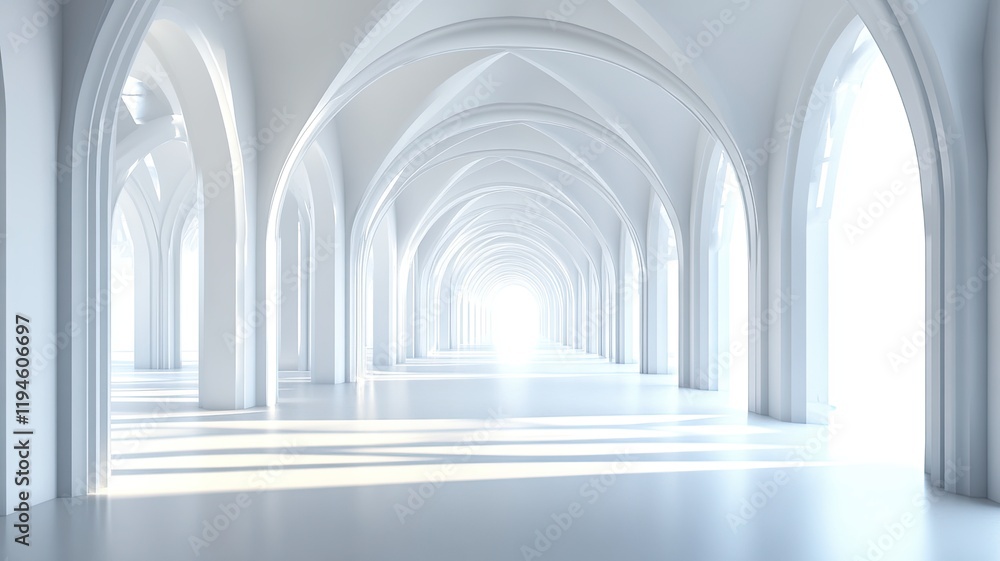 White archway hallway, sunlight, 3D render, interior design White archway hallway, sunlight, 3D render, interior design