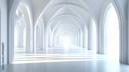 White archway hallway, sunlight, 3D render, interior design photo