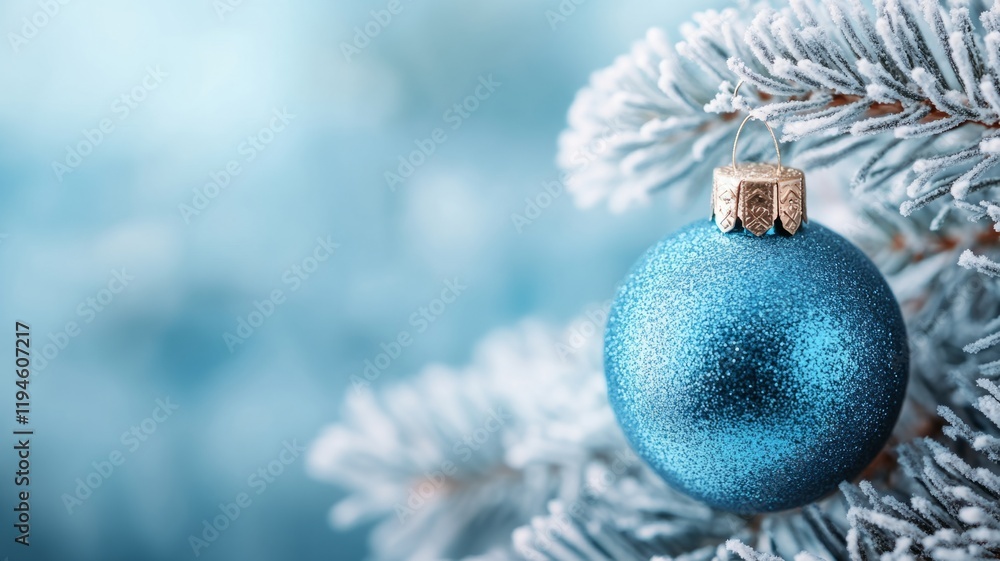 Frosted Blue Christmas Ornament on Snowy Branch Frosted Blue Christmas Ornament on Snowy Branch