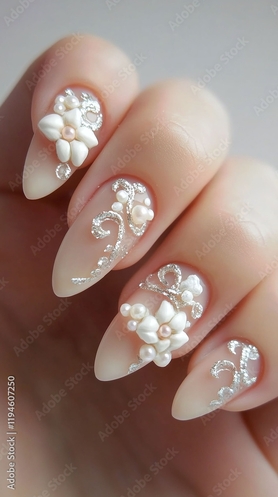 Creative nail art featuring miniature 3D decorations like bows and flowers. Creative nail art featuring miniature 3D decorations like bows and flowers.
