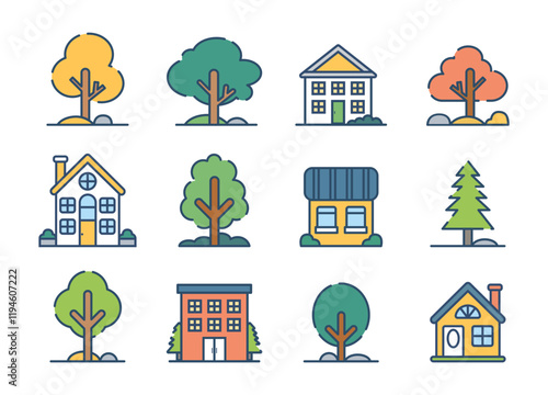 Icon set of cute tiny houses, Small buildings and different type of tree in flat style isolated on white background, Design element. Vector illustration.