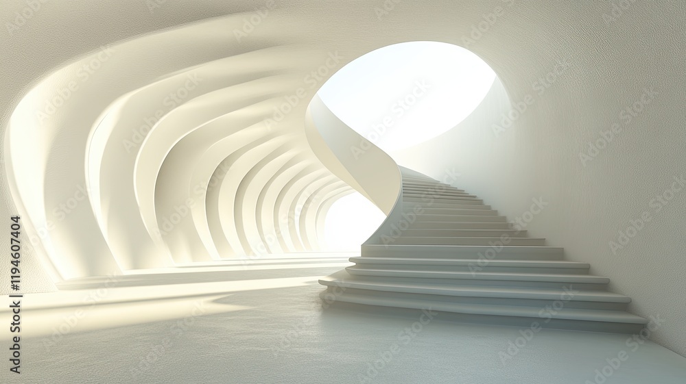 Obraz premium White spiral staircase, bright future, abstract architecture, design