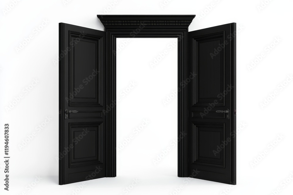 Open black double doors with ornate frame against white background. Open black double doors with ornate frame against white background.