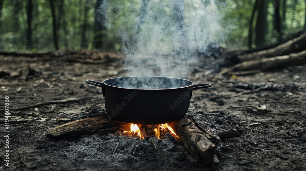 Cooking over an open fire in a forest Cooking over an open fire in a forest