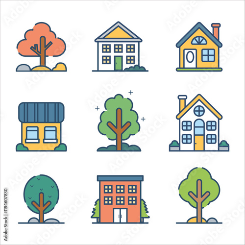 Icon set of cute tiny houses, Small buildings and different type of tree in flat style isolated on white background, Design element. Vector illustration.