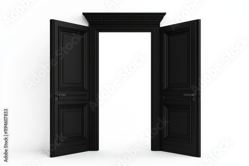 Open black double doors with ornate frame against white background. photo