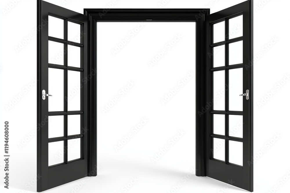 Open black double doors with glass panes. Open black double doors with glass panes.