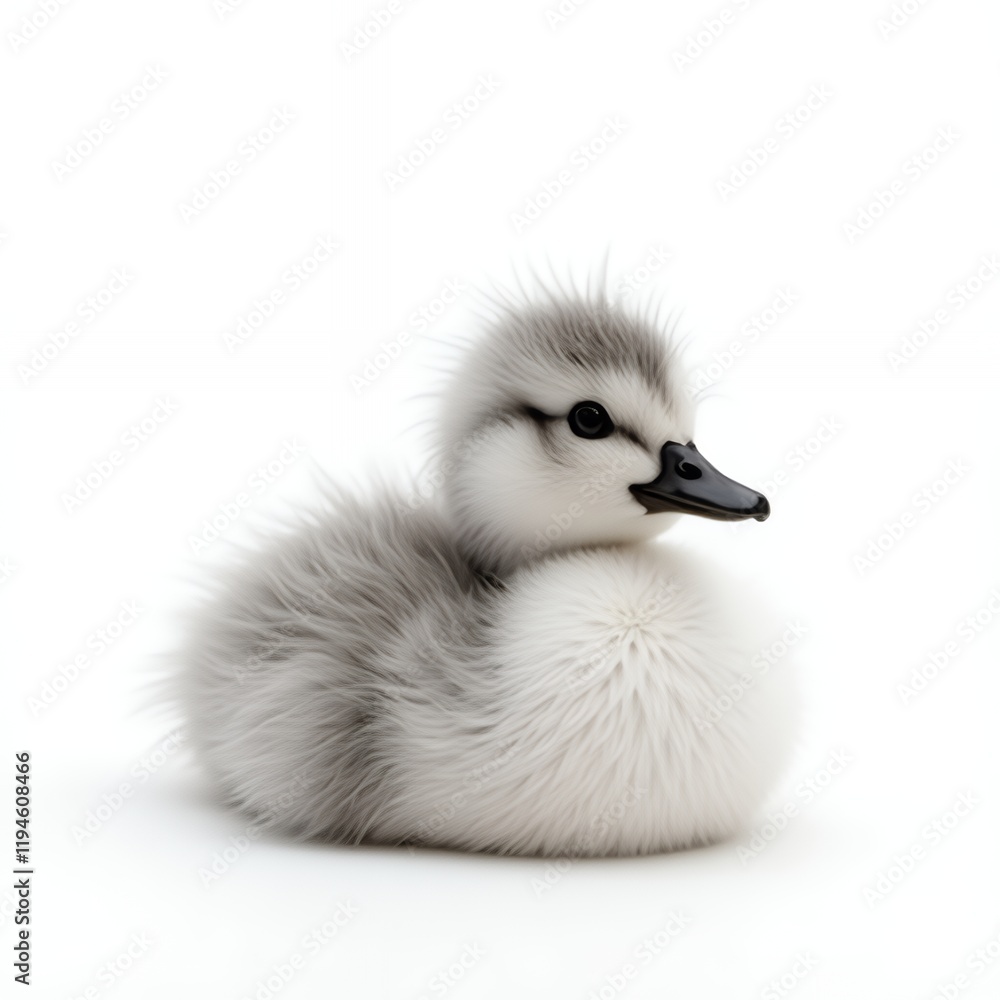 Fototapeta premium Adorable Fluffy Duckling Posing Against White Background