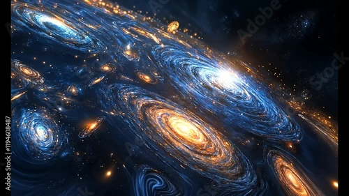 Stunning cosmic swirl of galaxies and nebulae in vibrant blue and orange hues.