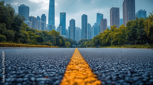 A wide view of a deserted city road lined with trees, leading towards towering skyscrapers in the background