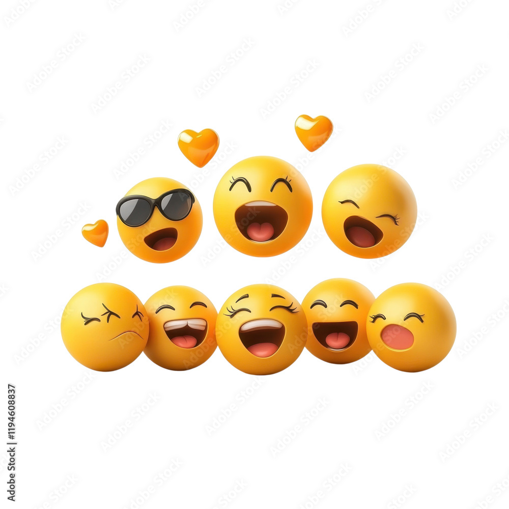 Obraz premium Happy emojis expressing various emotions, including joy, laughter, and love, with hearts and sunglasses. Perfect for conveying feelings in digital communication