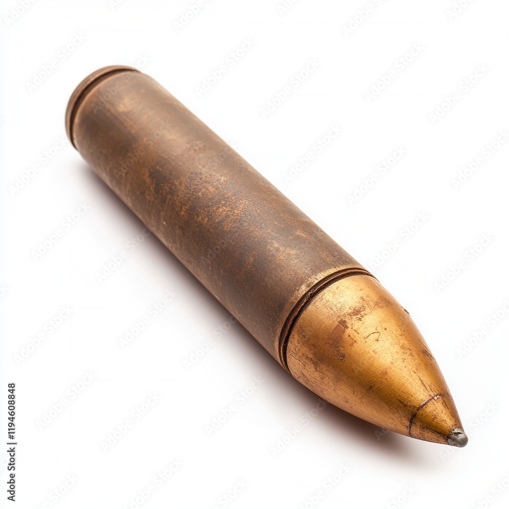 Antique brass projectile, studio shot, white background, military history Antique brass projectile, studio shot, white background, military history