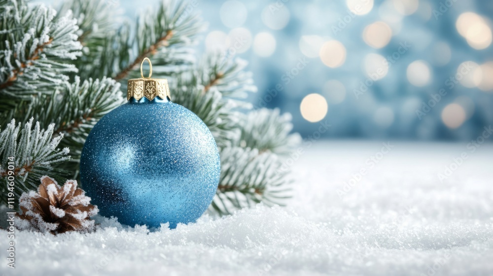 Sparkling Blue Christmas Ornament in Snowy Winter Scene Sparkling Blue Christmas Ornament in Snowy Winter Scene